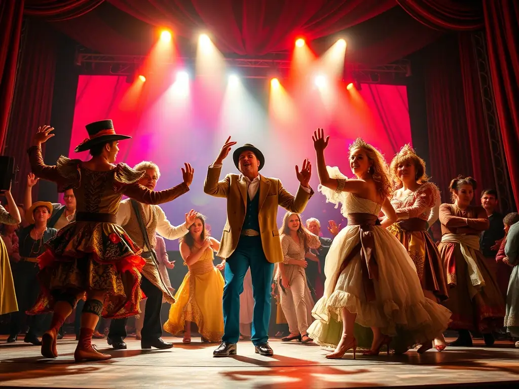 A dynamic image of a theatrical performance with actors in costume on stage, showcasing the diverse range of artistic events supported by Bande du Paradou.