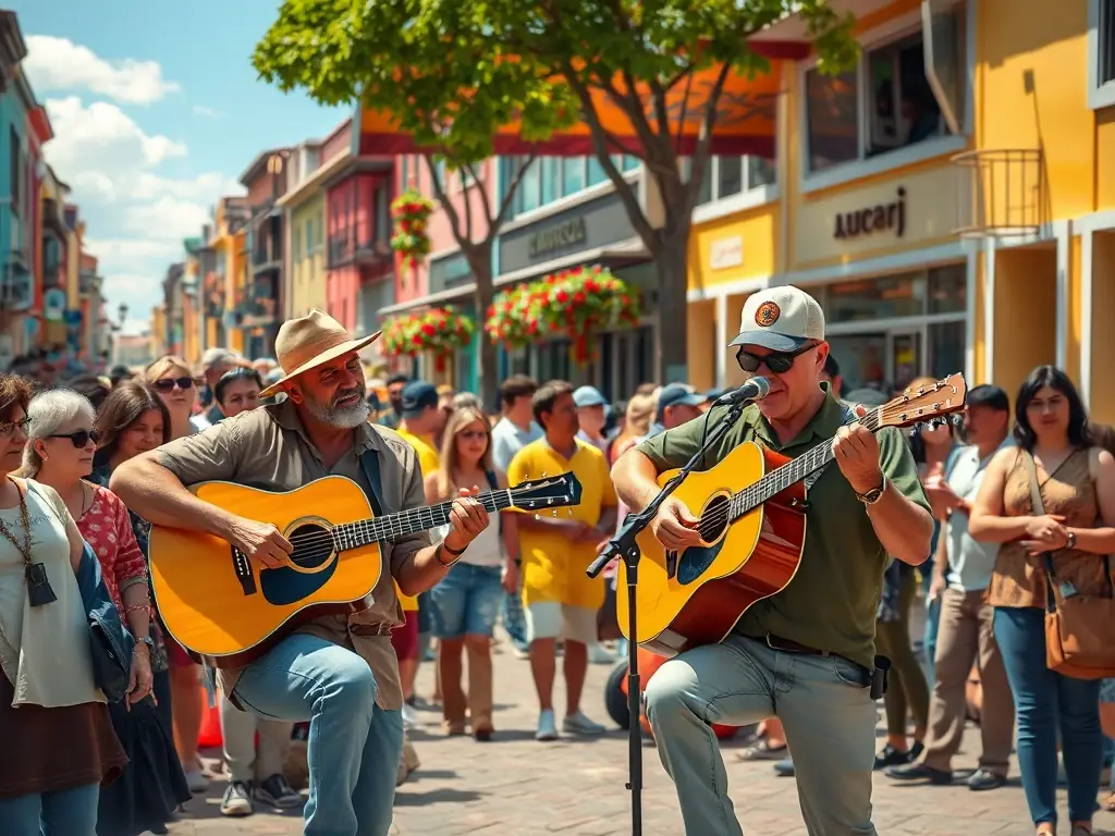 A lively street performance with musicians playing acoustic instruments, surrounded by an appreciative audience, reflecting the accessible and engaging experiences BANDE DU PARADOU aims to create.