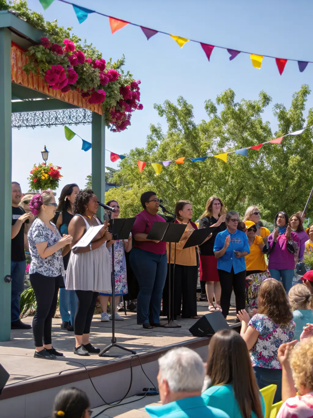 A photograph of a community event organized by BANDE DU PARADOU, showing people of all ages participating in a music-related activity in a public space, fostering a sense of community and engagement.