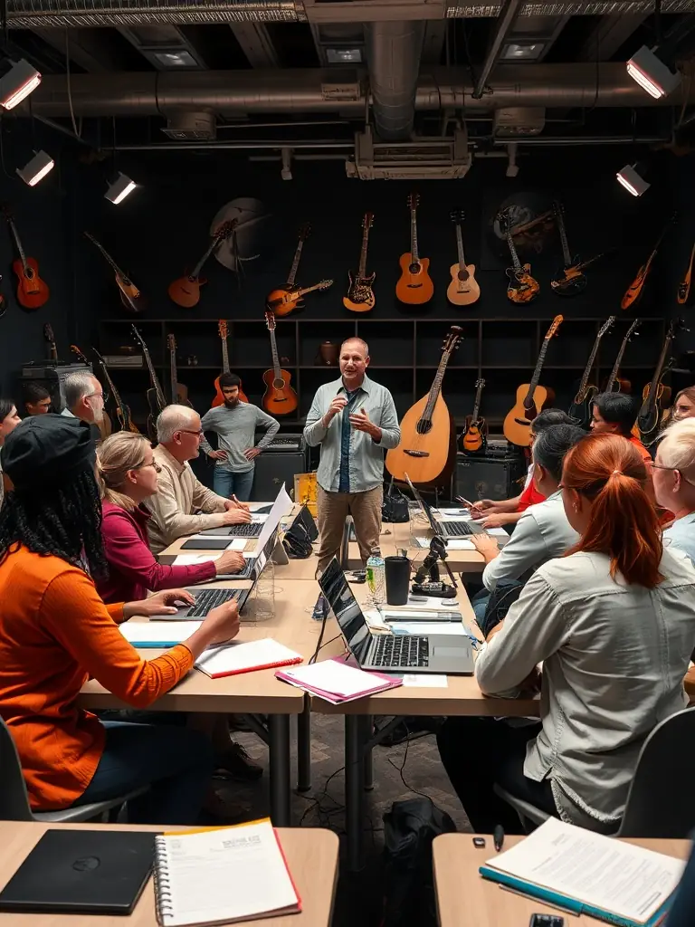A photo of a BANDE DU PARADOU workshop, showing artists collaborating and learning new skills in a supportive environment, with instruments and creative materials scattered around the room.