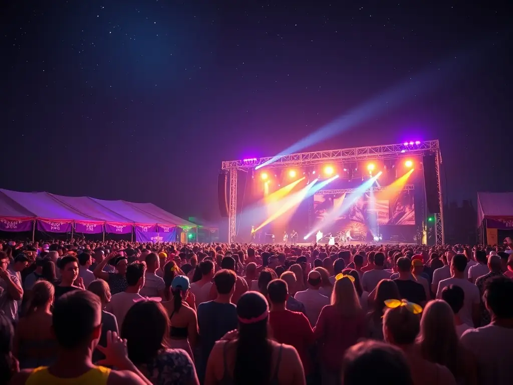 A lively outdoor music festival scene at dusk, featuring a diverse crowd enjoying live performances under colorful stage lighting, reflecting the vibrant atmosphere of a Bande du Paradou event.