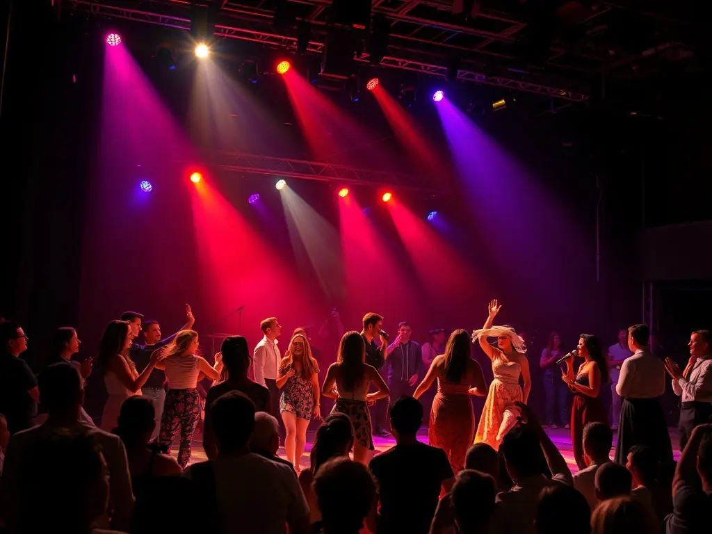 A dynamic image showcasing a Bande du Paradou event, featuring a well-lit stage, enthusiastic performers, and an appreciative audience, capturing the energy and excitement of a live performance.