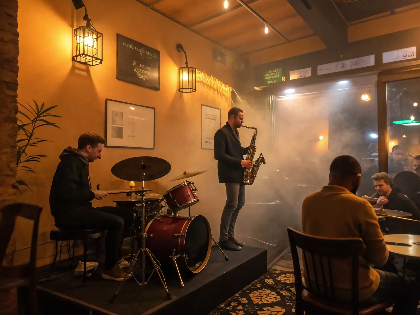 A close-up shot of a jazz band performing in a dimly lit club, capturing the intimate and soulful ambiance of a Bande du Paradou-supported jazz night.