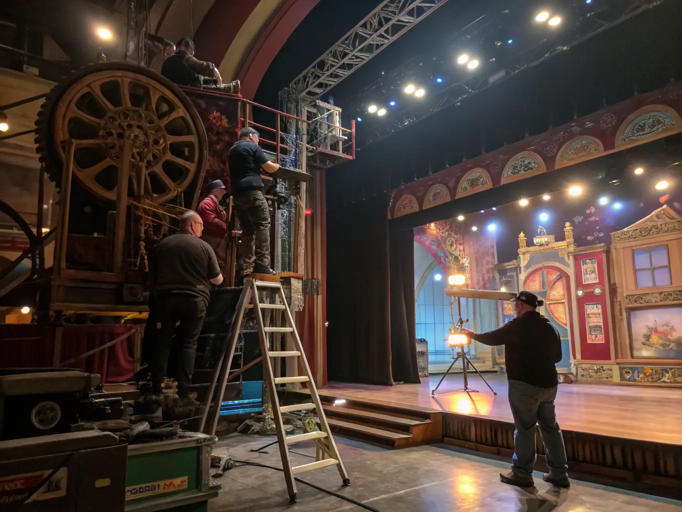A behind-the-scenes photo of the Bande du Paradou team setting up equipment and coordinating logistics for an upcoming music event, highlighting their professionalism and attention to detail.