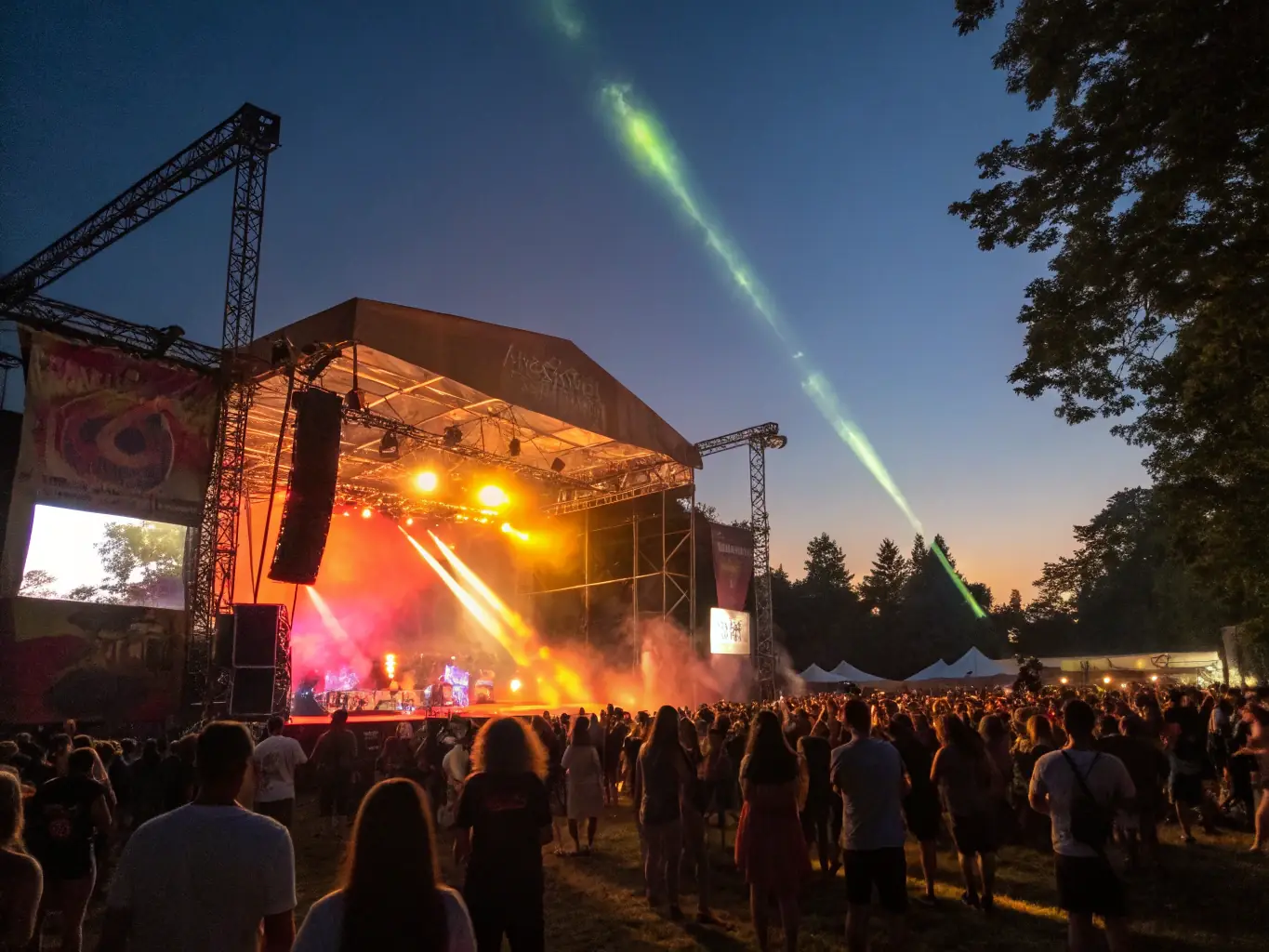 A vibrant outdoor music festival scene with a diverse crowd enjoying live performances under colorful stage lighting, capturing the energy and excitement of a BANDE DU PARADOU event.