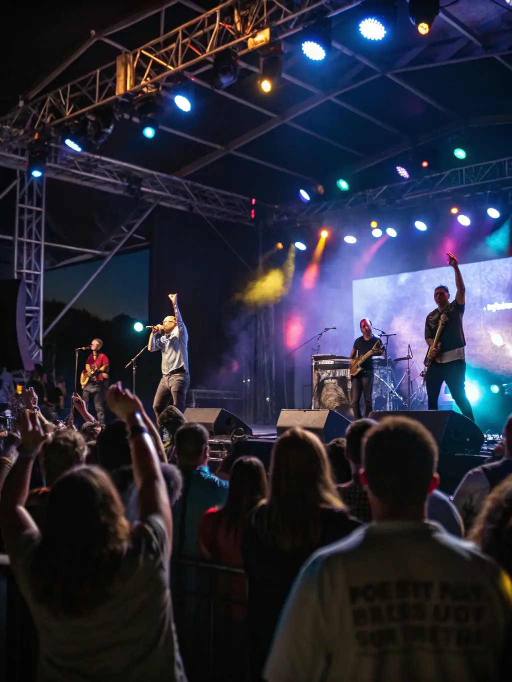 A photograph capturing the energy of a rock concert organized by BANDE DU PARADOU, featuring a rock band performing on stage with dynamic lighting and a cheering crowd.