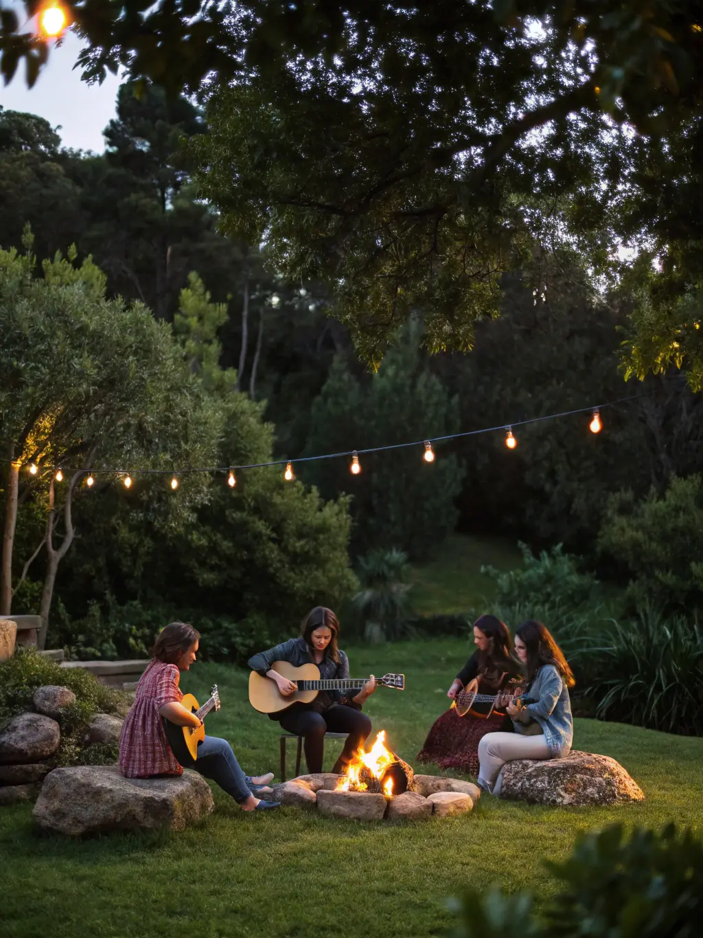 A photograph of a past BANDE DU PARADOU event, showcasing a folk music festival held in a rural setting, with musicians playing acoustic instruments and attendees enjoying the outdoor atmosphere.