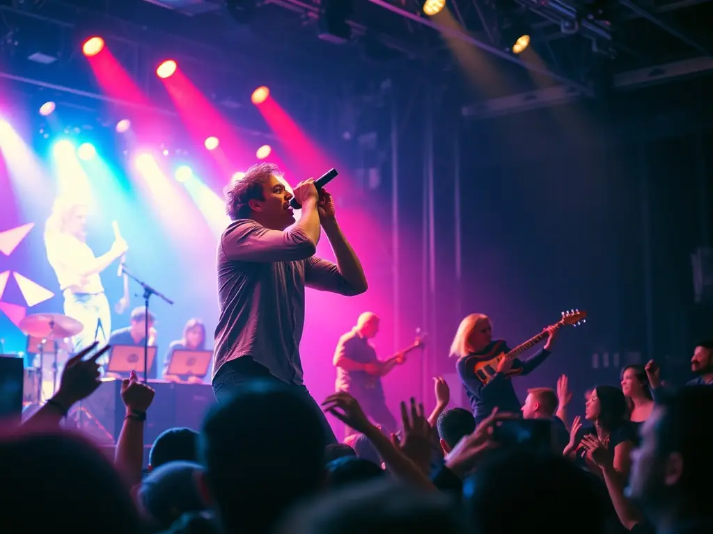 A dynamic stage performance featuring a band with a lead singer passionately engaging with the audience, highlighting the high-energy performances BANDE DU PARADOU supports.