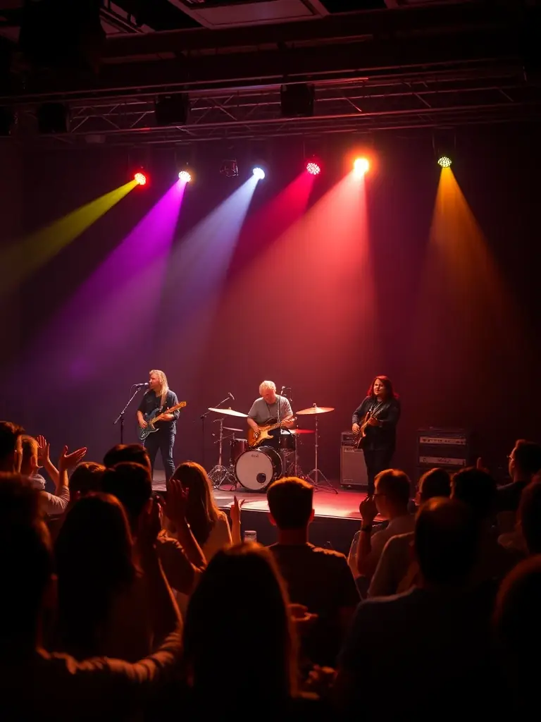A vibrant photograph capturing a live music performance organized by BANDE DU PARADOU, showcasing a diverse group of musicians on stage with an enthusiastic audience in the background, highlighting the energy and community spirit of the event.